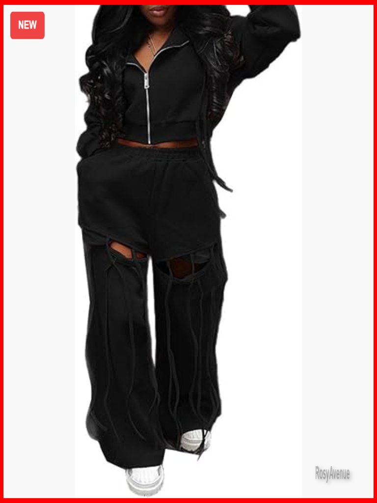 Fringe Zip Up Hoodie Cut Out Sweatpants Jogger Tracksuit Set Y2k